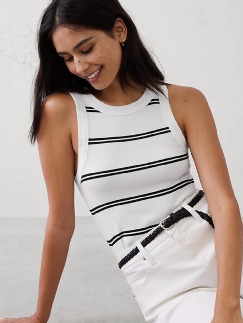Banana Republic Ribbed Racer Tank - White/ Black Stripe, XL